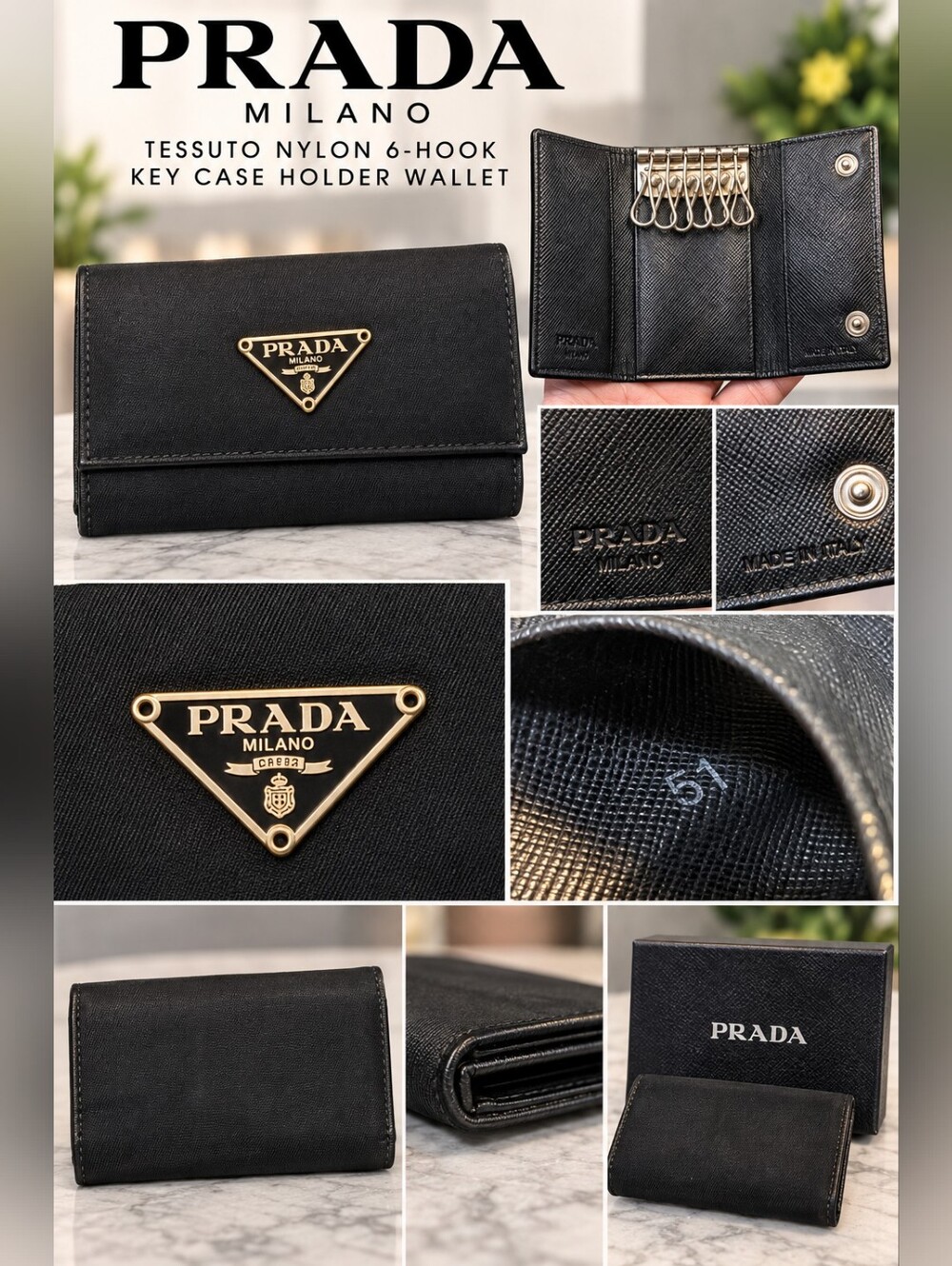 Authentic Prada Black Tessuto Nylon 6-Hook Key Case Holder Wallet